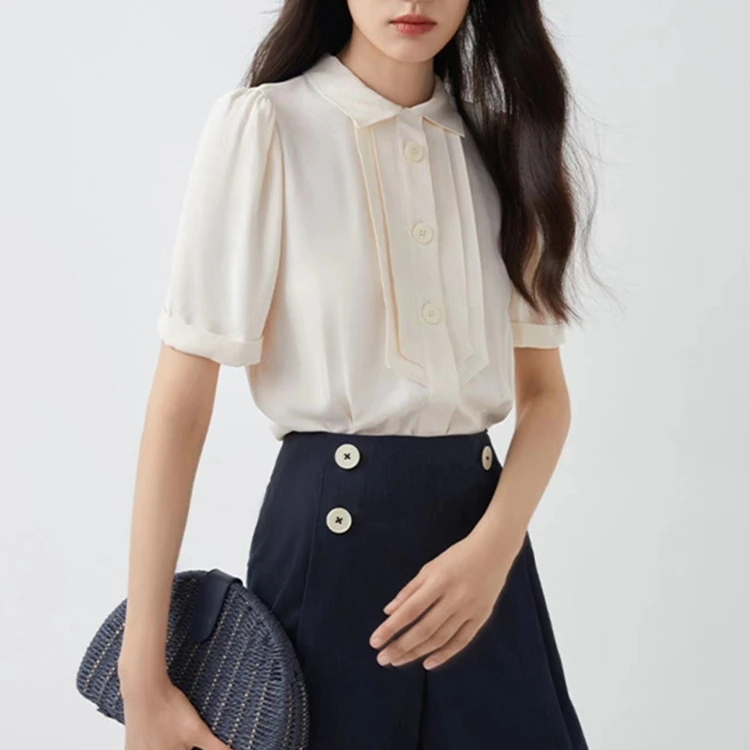 100% Viscose Women Vintage Shirt tops Solid Color Turn-down Collar Short Sleeve Top Ladies Elegant Blouses 2022 New