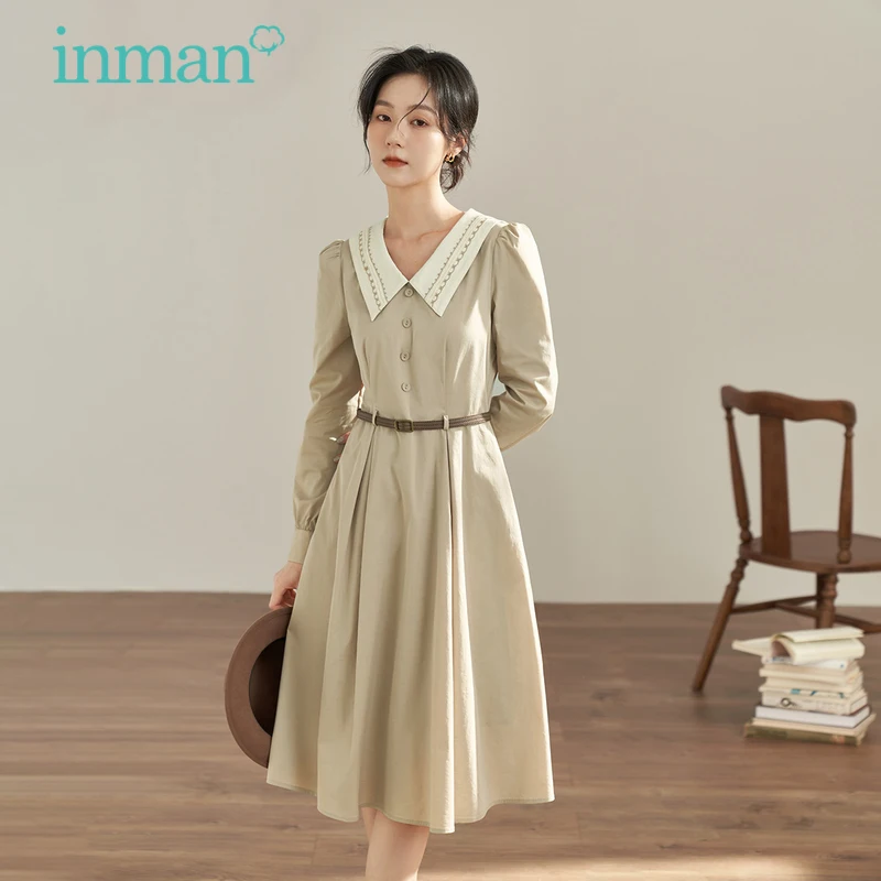 

INMAN, женское платье, осень 2023, длинный рукав, контрастный жаккардовый отворот, а-образная свободная однобортная ретро элегантная длинная юбка цвета хаки