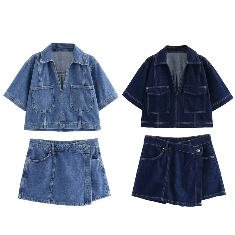 Женская однотонная джинсовая блузка с коротким рукавом от HXAO повседневный