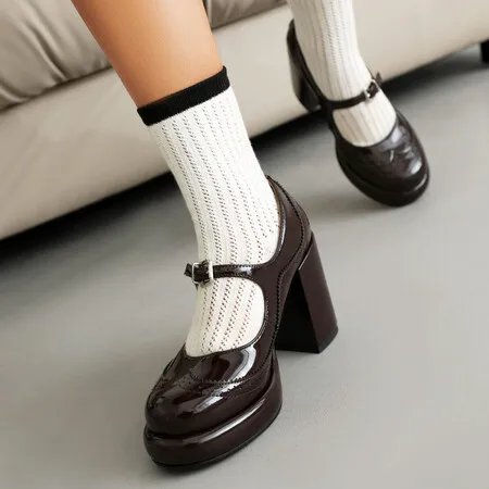 Женские туфли из лакированной кожи, черные туфли-лодочки с квадратным носком и ремешком с пряжкой, большие размеры 34-43, на массивном каблуке