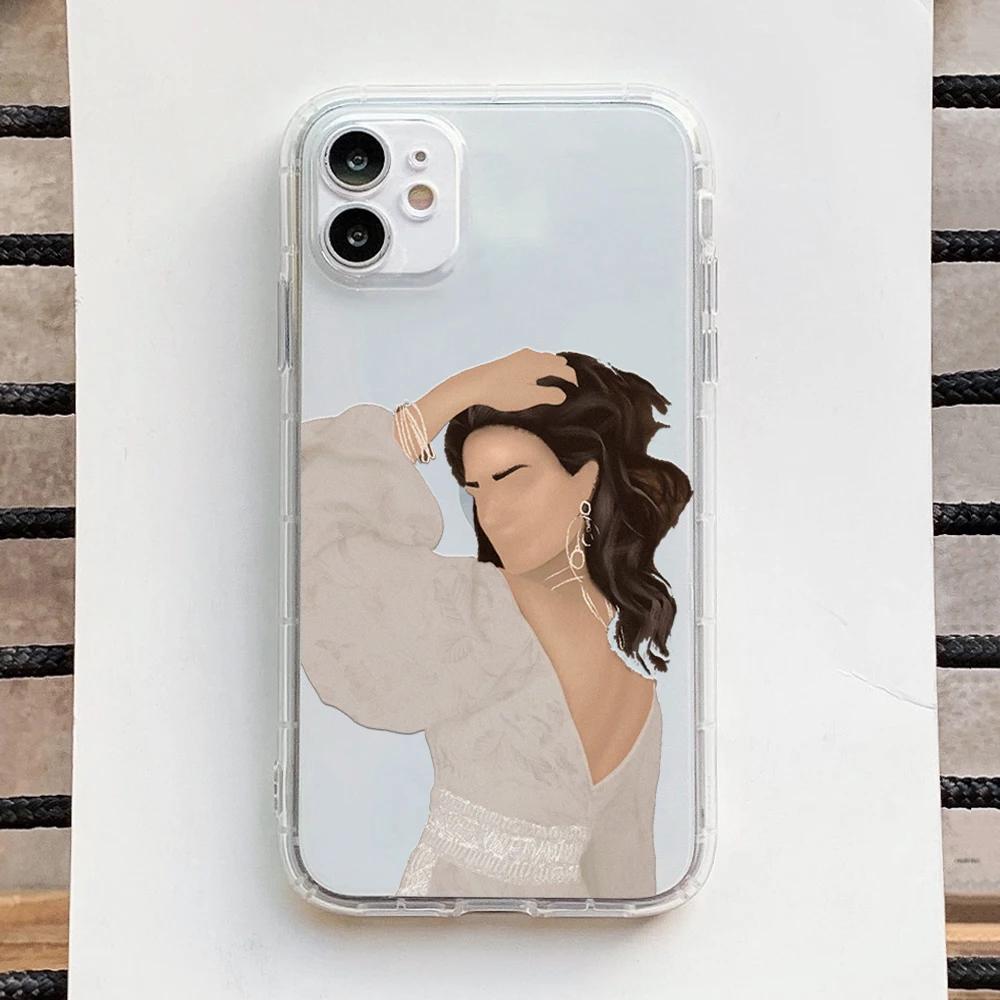 

Phone Case Bohemian Fashion Illustration woman floral for Iphone 6 6s 7 8 Plus SE2020 X XR 12 11 XS 13 Pro Max Mini Clear Cases