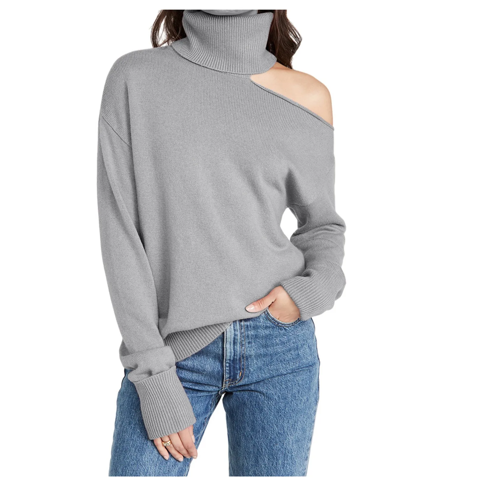 

Повседневный модный свитер, новинка сезона осень-зима 2023, пикантная вязаная рубашка с отворотом и вырезами на плечах, однотонный пуловер, женский свитер