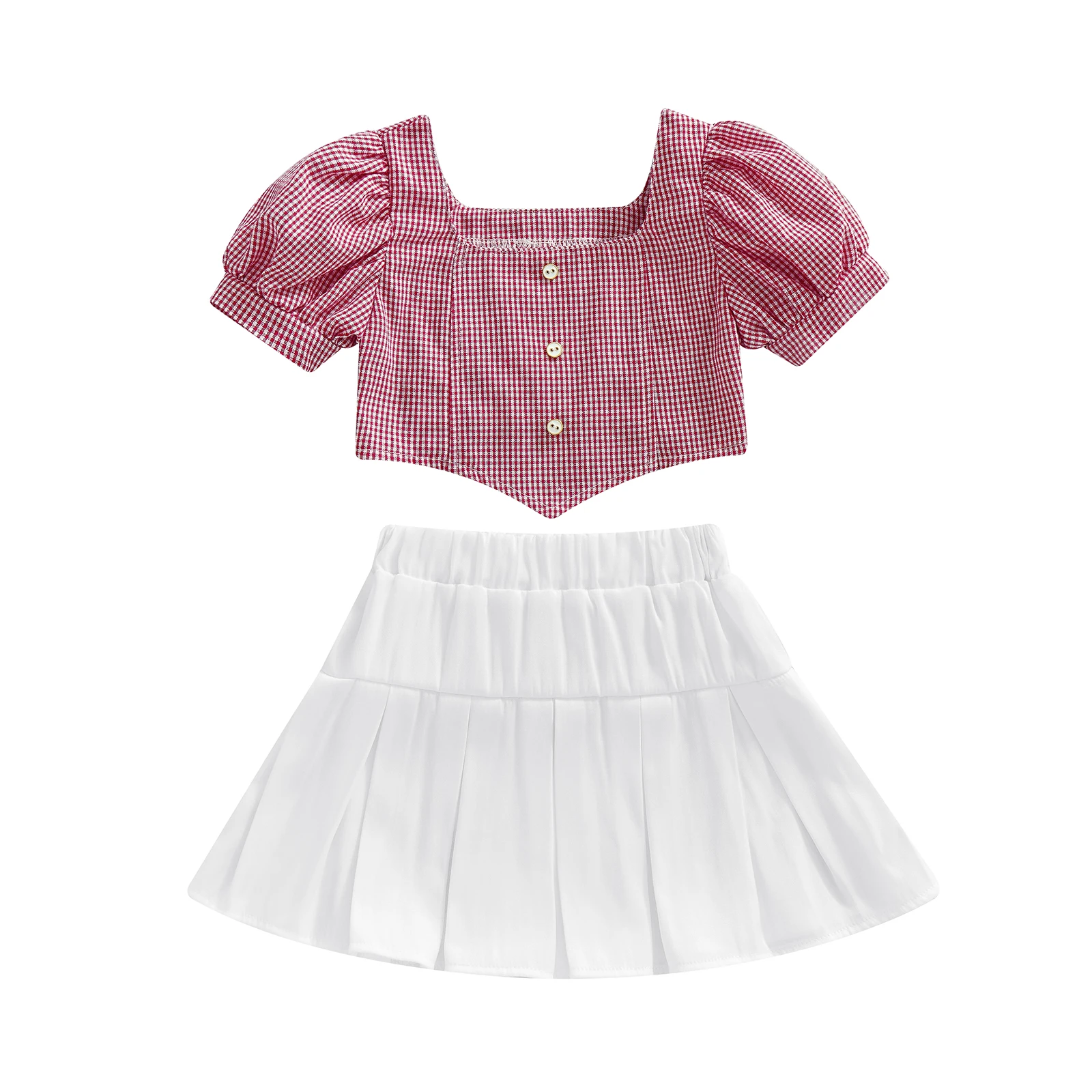 

2022-04-22 Lioraitiin 2-7Years Toddler Baby Girl 2Pcs Fashion Summer Clothing Plaid Shirt Top A-Line Solid Skirt Outfit