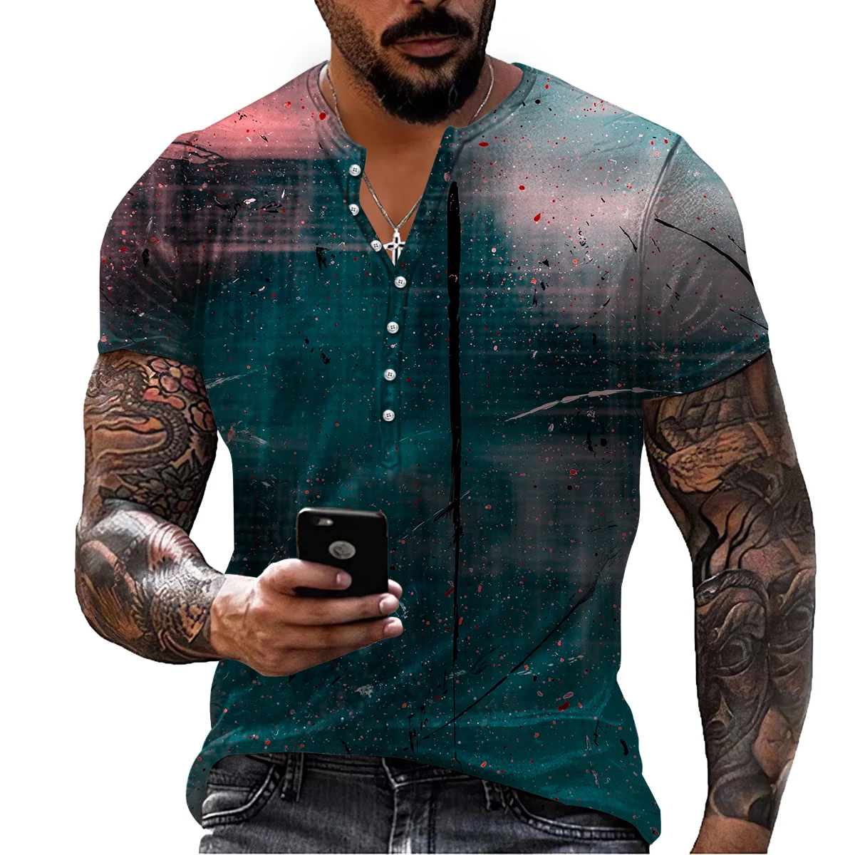 

Мужская Винтажная футболка на пуговицах с V-образным вырезом и коротким рукавом