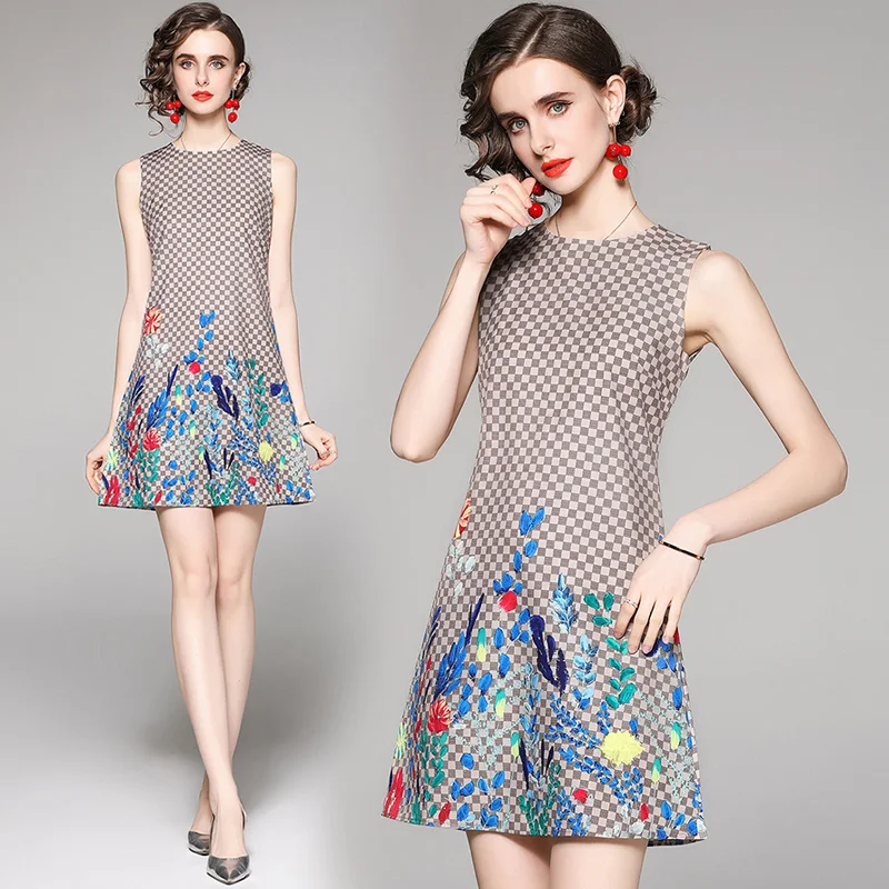 

2022 Sleeveless Summer Design Chic Ins Floral Plaid Printed Tank Mini Dress Causal Fashion Harajuku Dress Boho Beach Sundress