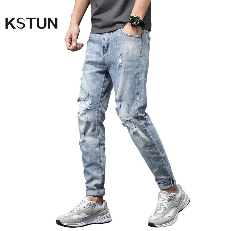 

Hip Hop Jeans Men Slim Fit Light Blue Stretch Ripped Jeans For Man Distressed Frayed Destroyed Streetwear Moto Biker Jeans Male