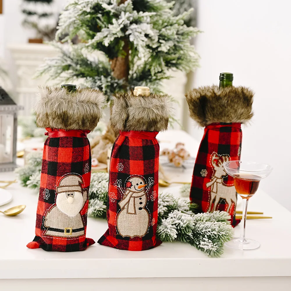 

Christmas luxury Wild feeling edge Classtic Check Wine bottle Cover Dinning room restaurant hotel decor embroidery Xmas novelty