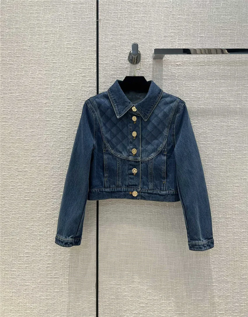 

Top Quality Women Turn Down Collar Vintage Wash Water Metal Metal Buttons Argyle Printed Denim Jacket Coat