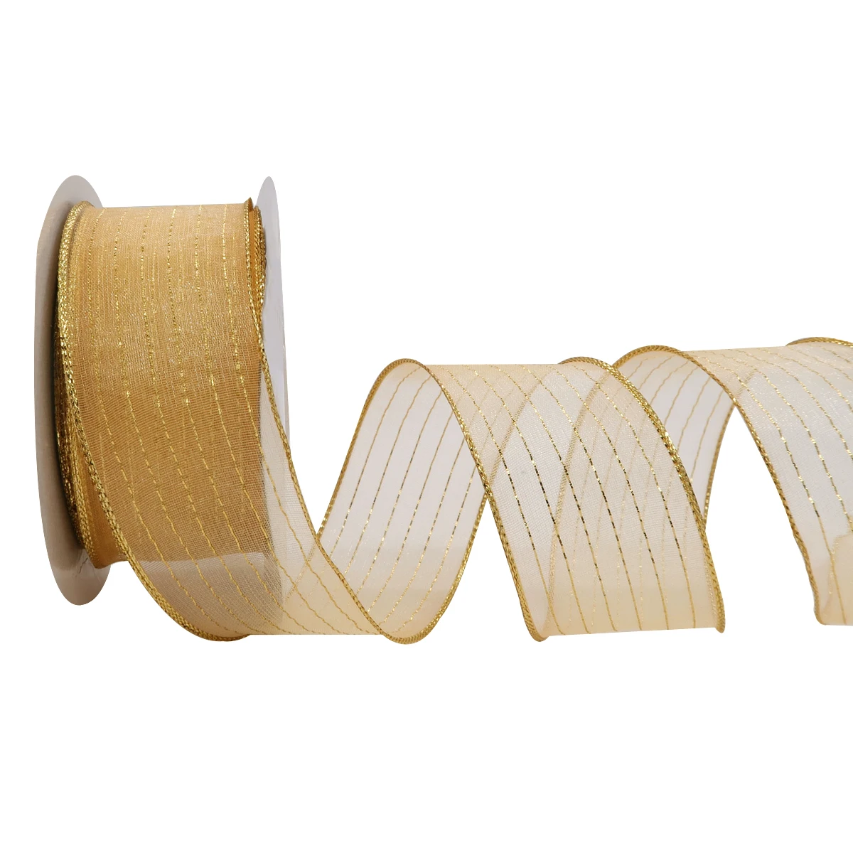 

5 10 25 Yards/Roll 38mm Gold Stripes Organza Wired Edge Ribbon for Christmas Decoration Gift Wrapping Bows for Crafts 1245