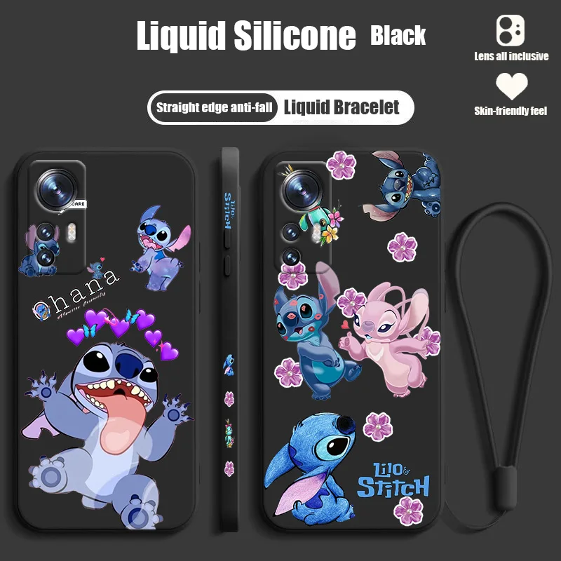 

Disney Stitch Anime Cute For Xiaomi Mi 12T 12S 12 11T 11 10T 10S 10 9 SE CC9E Ultra Lite Pro Liquid Left Rope Phone Case