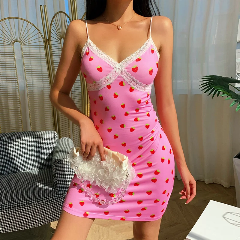 

Woman Sexy Strawberry Dress Summer Deep V Neck Lace Dresses Cute Suspender Skirt High Waist Push Up Hip Streetwear Short Skirt
