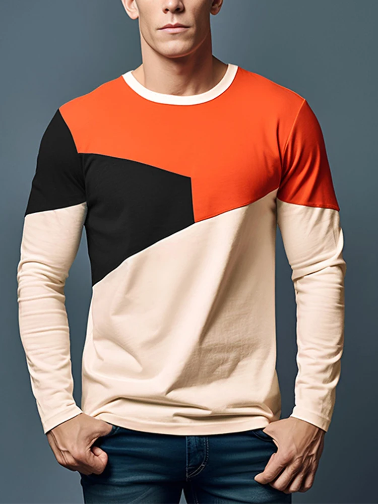 

Men's Color Block Round Neck Long Sleeve T-Shirt - Trendy, Fashionable