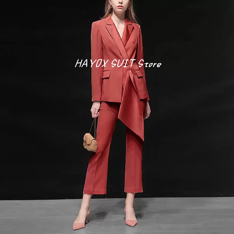 Ladies Two Piece Suit Gun Neck Tie New Fashion Jacket High Quality Blazer Party Show Female Set