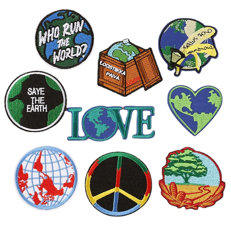 

50pcs/Lot Round Fun Embroidery Patch Letter Planet Save Earth Love Gay Box Nature Clothing Decoration Accessory Strange Applique