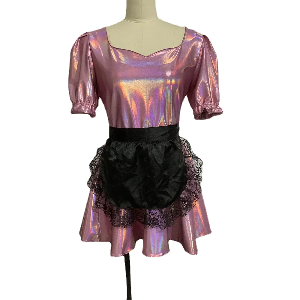 Женское мини-платье с коротким рукавом-фонариком и кружевным подолом - купить по