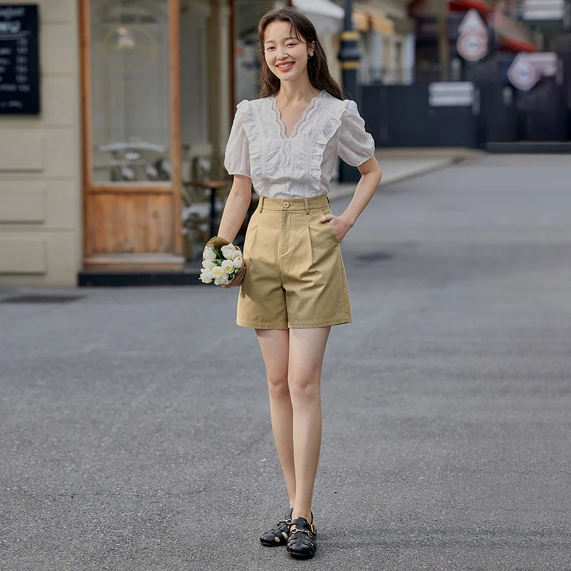 INMAN Summer Casual Women Shorts Minimalism High Waist Women's Pants Loose Short Trousers Pure Color A-line Korean Fashion