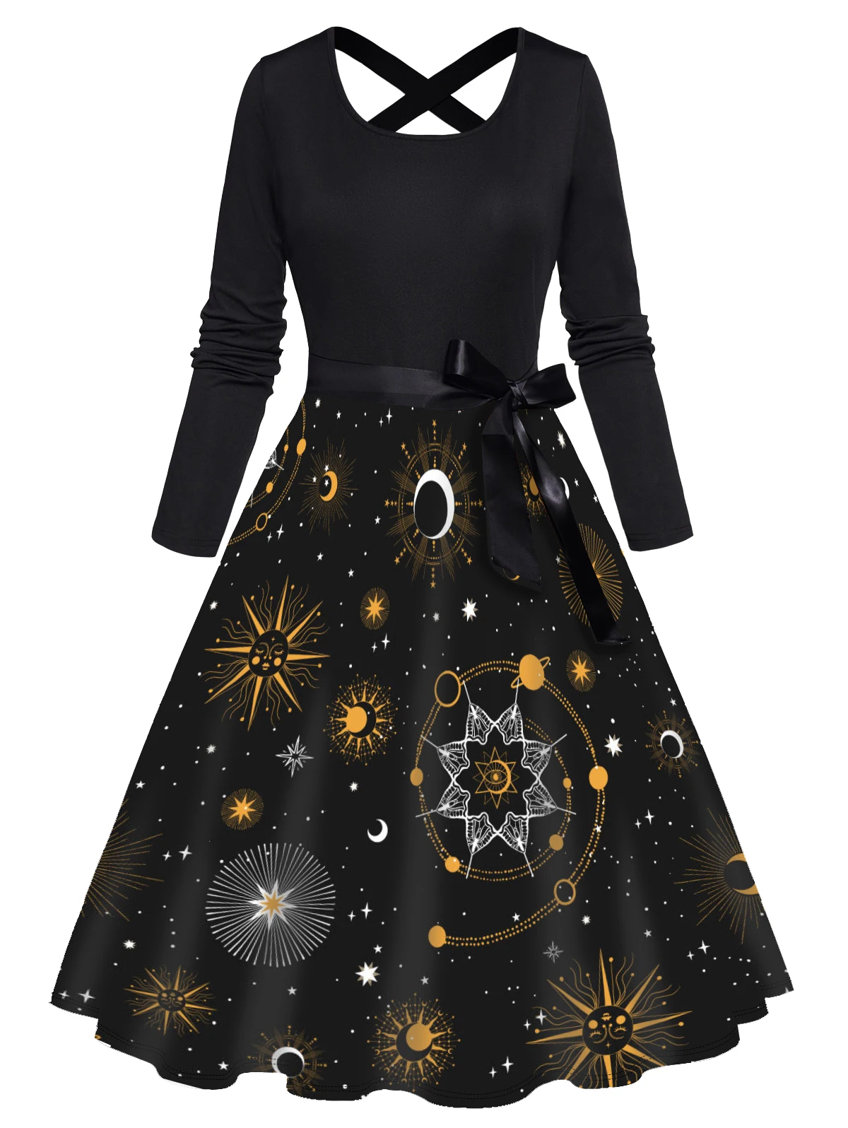 

Celestial Sun Moon Star Galaxy Print Long Sleeve Dress For Women Party Bowknot Cross High Waist A Line Dress