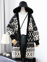 womens vintage long sleeve cardigan casual long knitted jacket lady chic geometric print loose sweater outwear