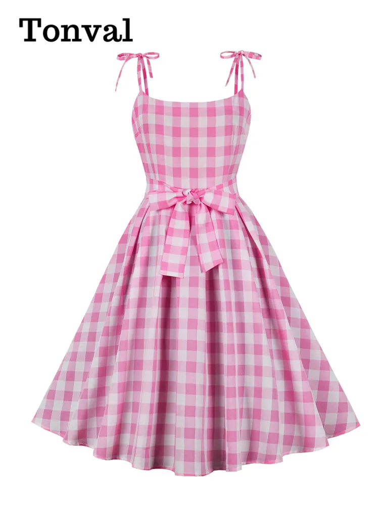 

Tonval Knot Strap Pink and White Plaid Women Dress Summer 2023 Elegant Evening Pinup Vintage Party Pleated Dresses