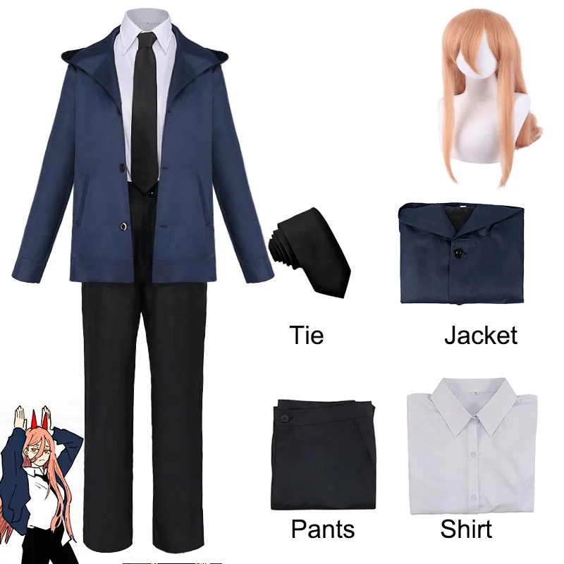 

Anime Chainsaw Man Power Cosplay Costume Red Blue Jacket Shirt Pants Uniform Blood Fiend Devil Makima Denji Outfit Wig Props