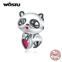 wostu new 925 sterling silver cute baby panda charms heart beads for women fit original diy bracelet necklace pendents jewelry