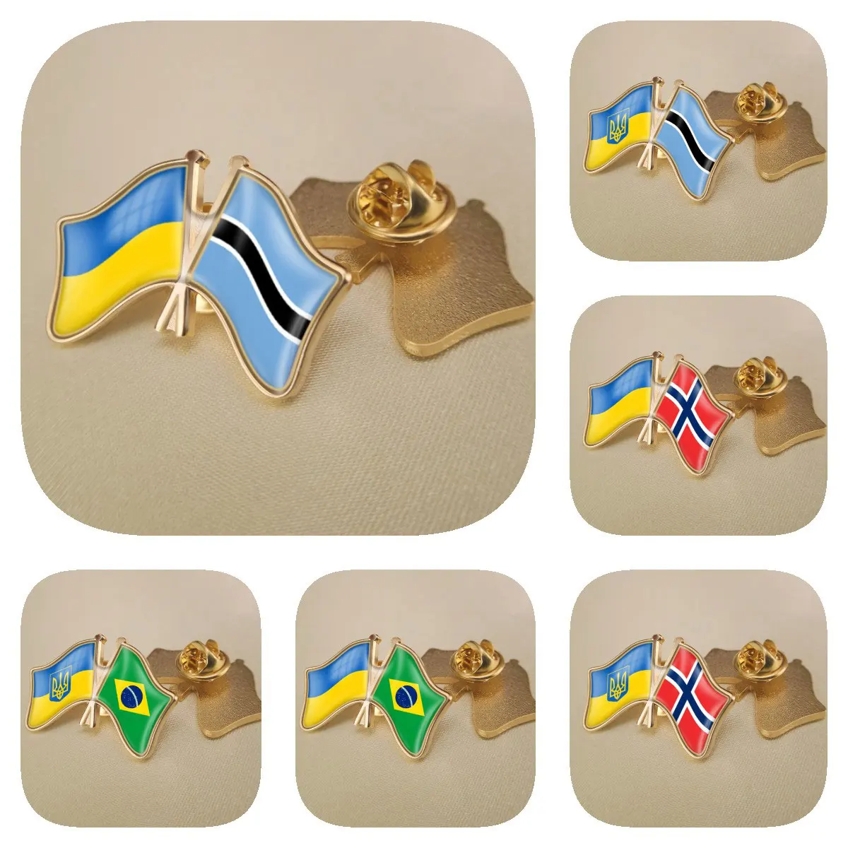 

Ukraine and Botswana Bouvet Island Brazil Double Crossed Friendship Flags Brooches Lapel Pins Bradges