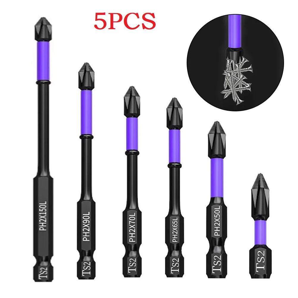 

5pcs Non-Slip Batch Head PH2 Strong Magnetic Cross High Torque Hardness Screw 25/50/65/70/90/150mm Screwdriver Bits Set