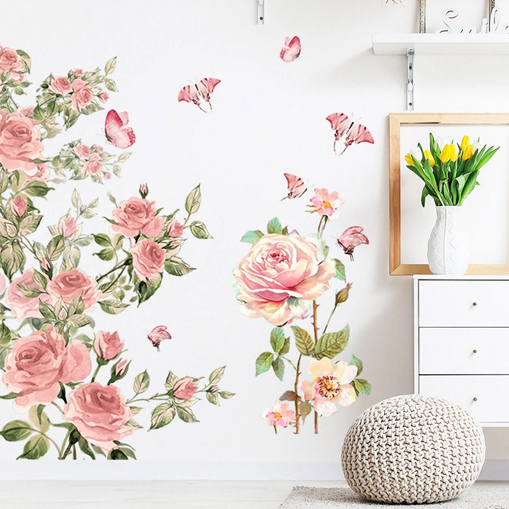 

1 Set Colorful Pink Rose Butterfly Flower Wall Stickers Self-adhesive Removable Girl's Bedroom Mural Posters Home Decoration