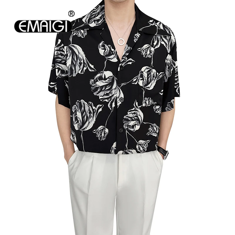 

Vintage Flower Print Cuban Collar Shirts Men Loose Casual Short Sleeve Shirts Net Celebrity Streetwear Fashion Dress Shirts