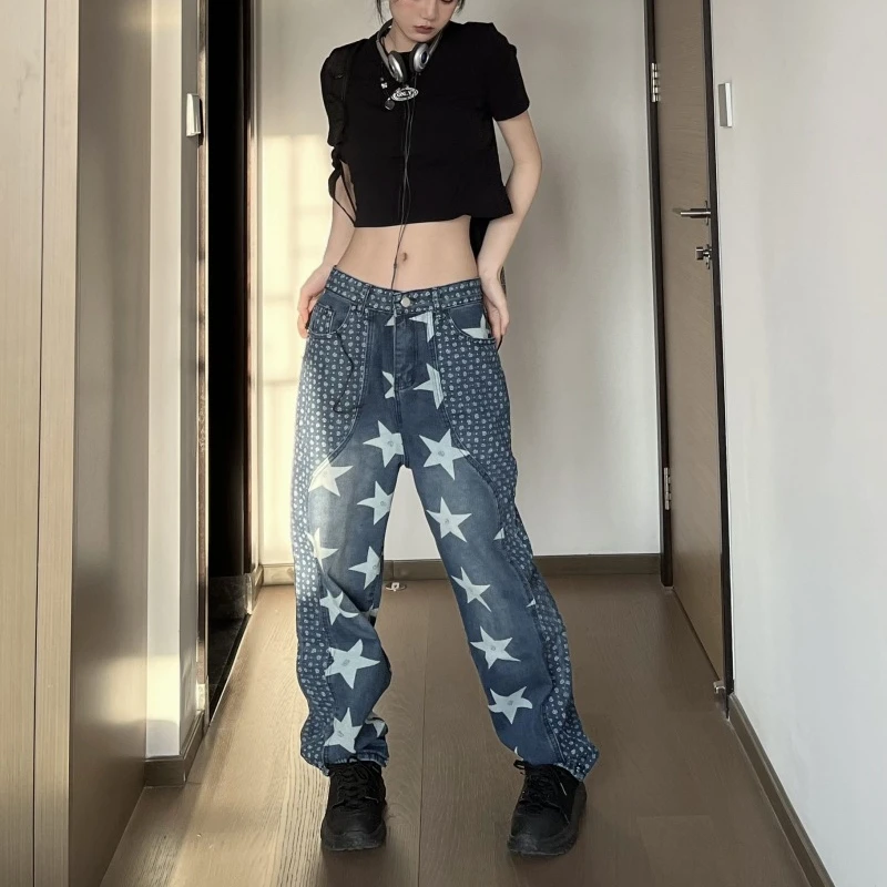 

Женские джинсы вареные звезды уличная одежда Y2K мужские Прямые рваные брюки с вышивкой мешковатые джинсы японские повседневные джинсовые б...