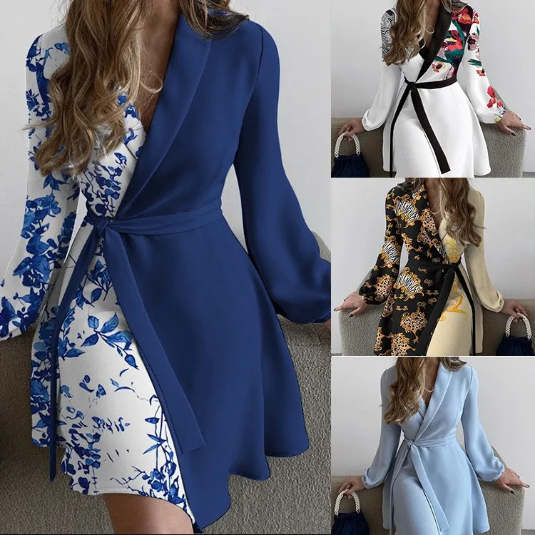 New Spring Autumn Temperament Commuter One Piece Color Contrast Lace up Dress Spot Girls Long Sleeve Dress Outwear