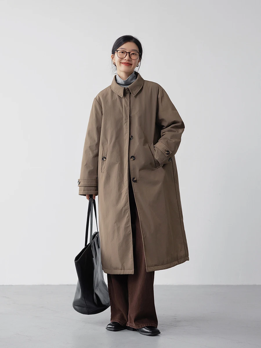 Long down Jacket Women Winter 2024 New Polo Collar Casual Loose Thick Warm White Duck Down Kaki Outerwear