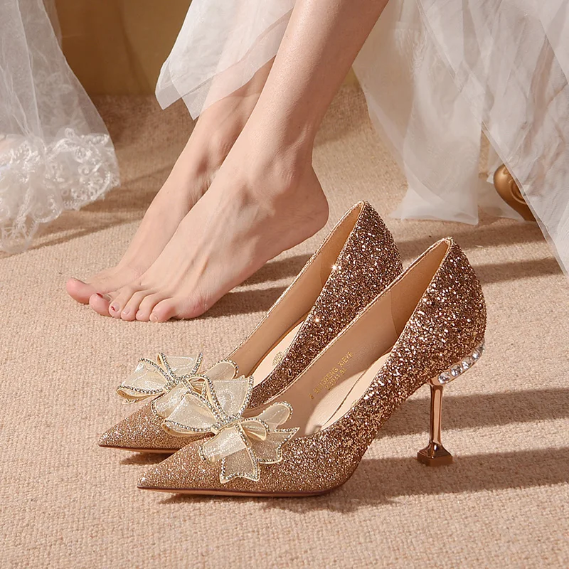 

High Heeled Shoes Wedding Shoes Women's Winter 2021 New Bride Shoes Wedding Dress Two Crystal Shoes Don't Tire Your Feet