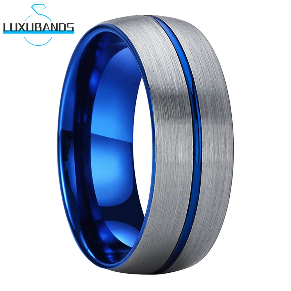 

8mm 6mm Blue Tungsten Carbide Ring For Men Wemen Center Grooved Engagement Bands Brushed Finish High Quality Fashion Comfort Fit