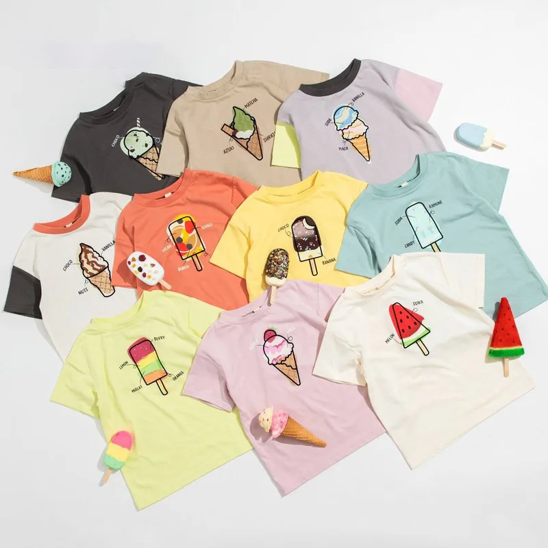 

Летняя Детская футболка с короткими рукавами и милым принтом с героями мультфильмов хлопковая футболка с короткими рукавами с круглым вырезом и принтом мороженого