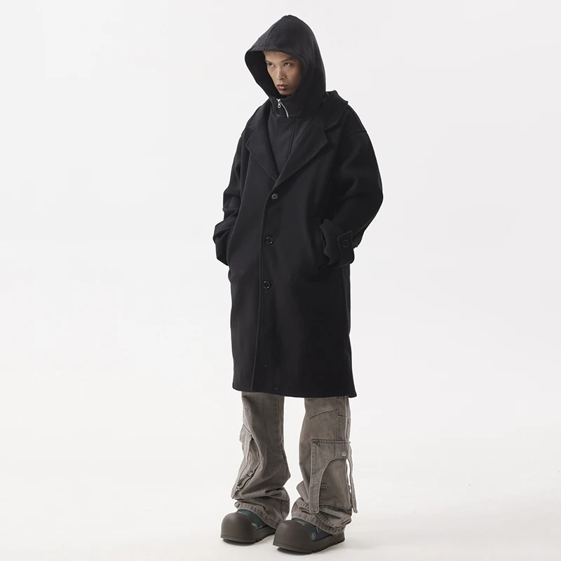 PFNW Нишевое модное черное искусственное твидовое пальто средней длины с