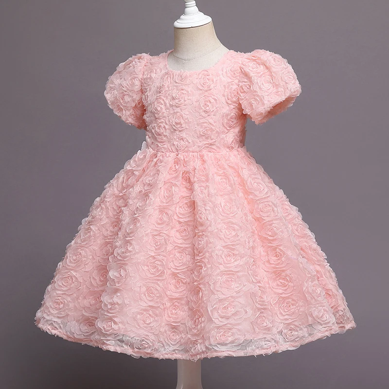 

2022 New Elegant Bow 3D Roses Baby Girl 1st Birthday Party Princess Dress Flower Girls Puffy Dresses Kids Ho Performance Dress