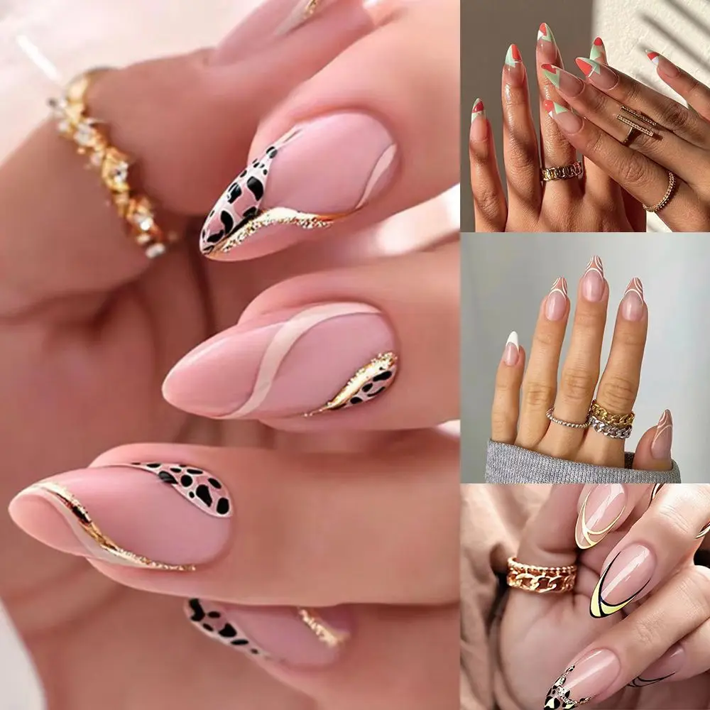

24pcs Press on Nails Ballet Nails French Full Cover Pink Leopard Print French Lines Long Fake Nails Almond