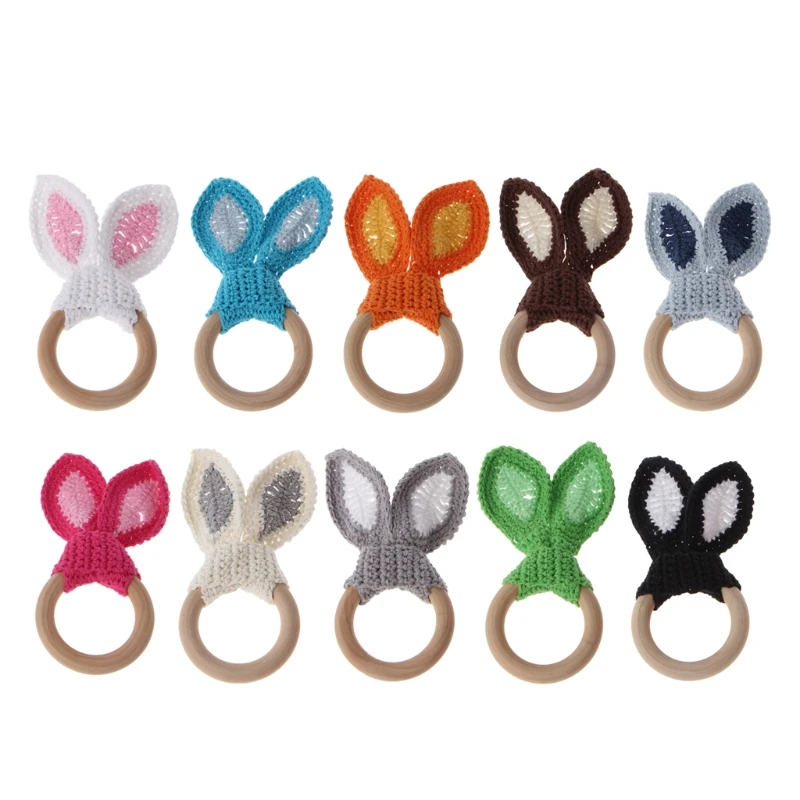 

Baby Girl Boy Teething Ring Chewable Teether Wooden Natural Bunny Rattle Toy