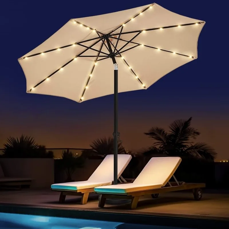

9ft Outdoor Patio Table Umbrella, Sturdy Solar Led Market Umbrella for Deck, Pool, Garden w/Tilt, Crank, 32 LED Lights - Beige