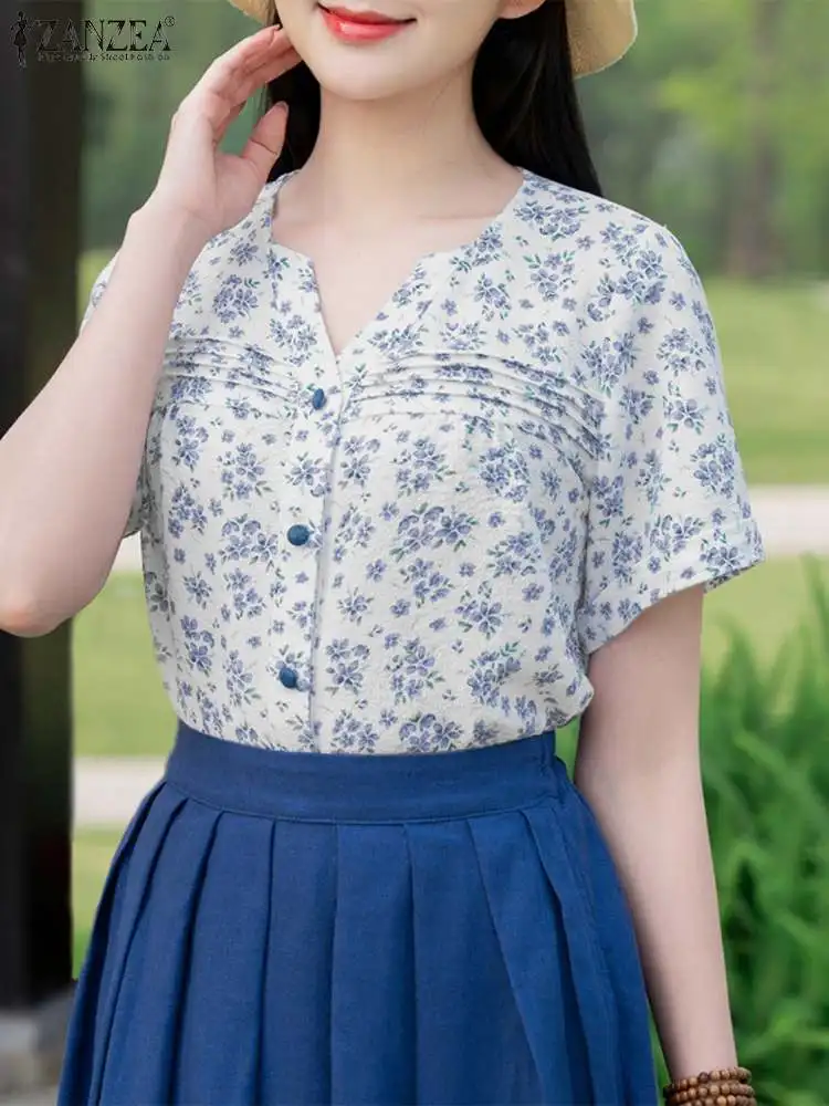 Летние топы ZANZEA женские рубашки с цветочным принтом богемные блузки 2024 винтажная