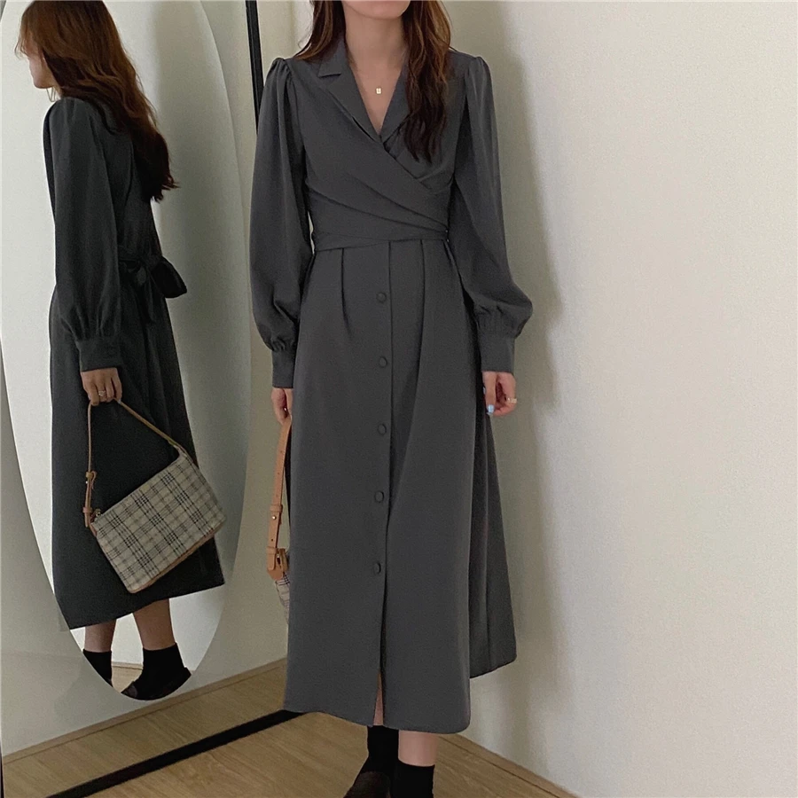 

Solid Elegant Dress Women Autumn Bandage Midi Split Dress Office Lady Designer Casual Korean Style One-piece Dress Female 2021