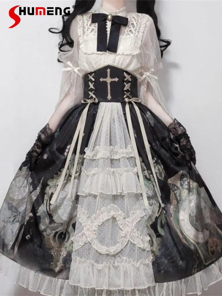 

Lolita Sweet Woman Butterfly Clock Mid-length Dresses Women's Cute Long Sleeve Bow Shirts and Mid-length Skirt Three-piece Suit