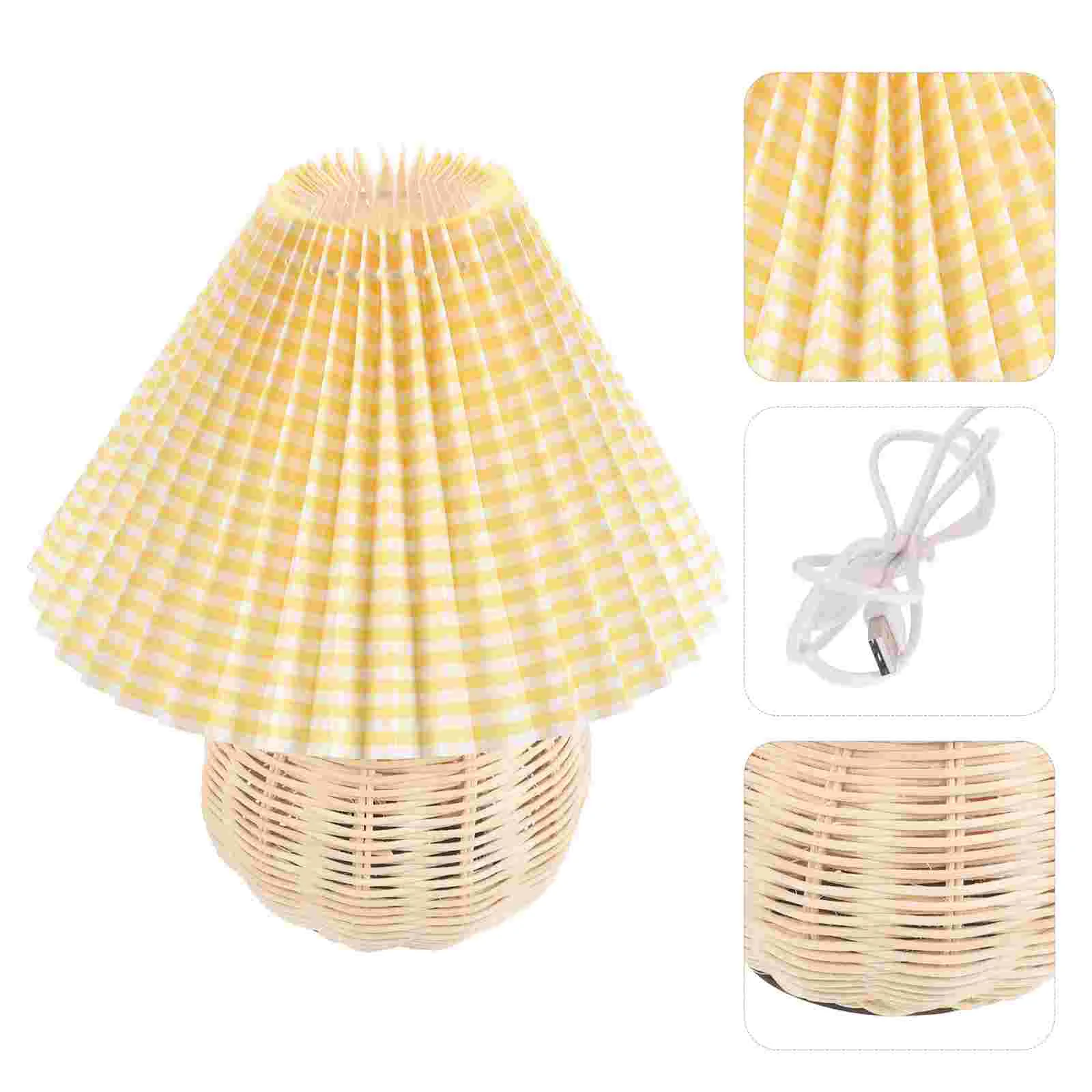 

Desk Lamp Pleated Lampshade Small Night Table Living Room Rattan Light Bedside Shades