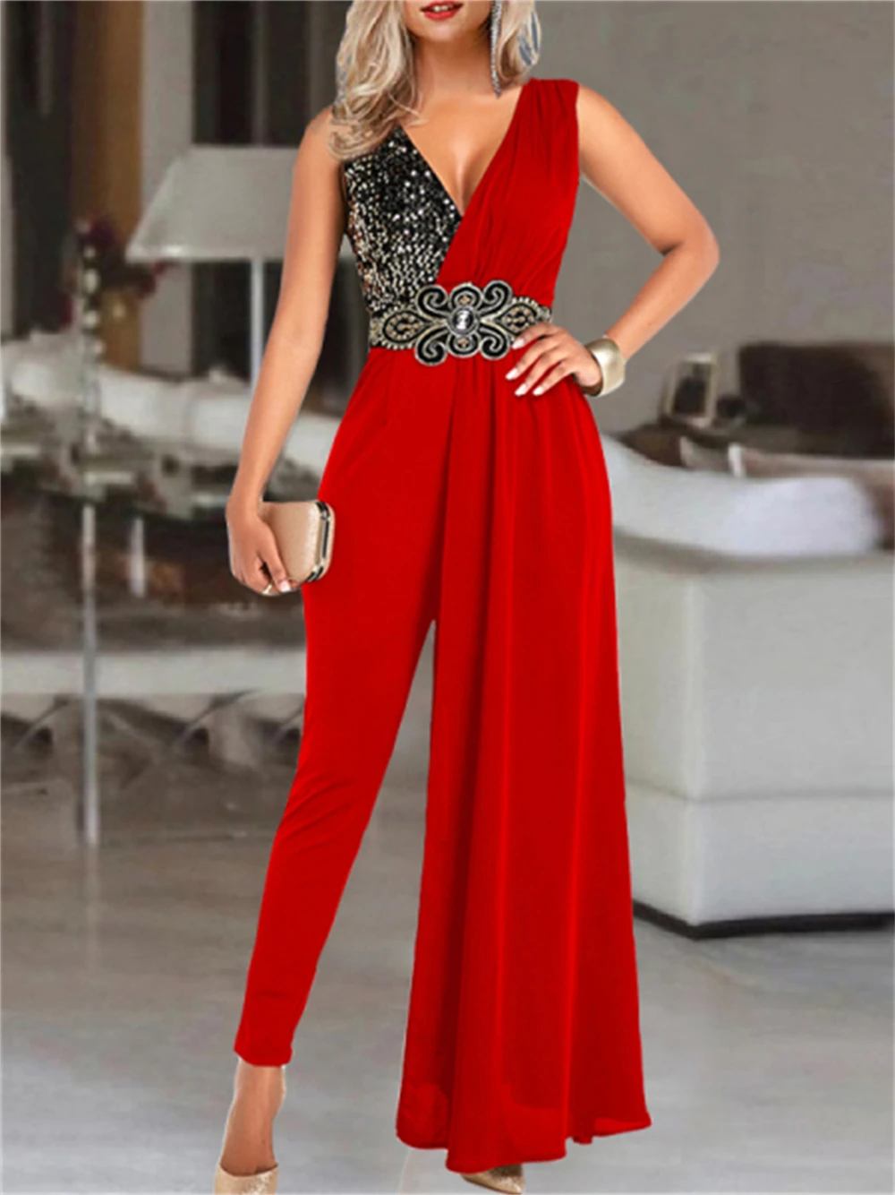 

Fashion Sequin Print V-neck Jumpsuit Women Office Lady Elegant Sleeveless Jumpsuit Casual Overalls for Women
