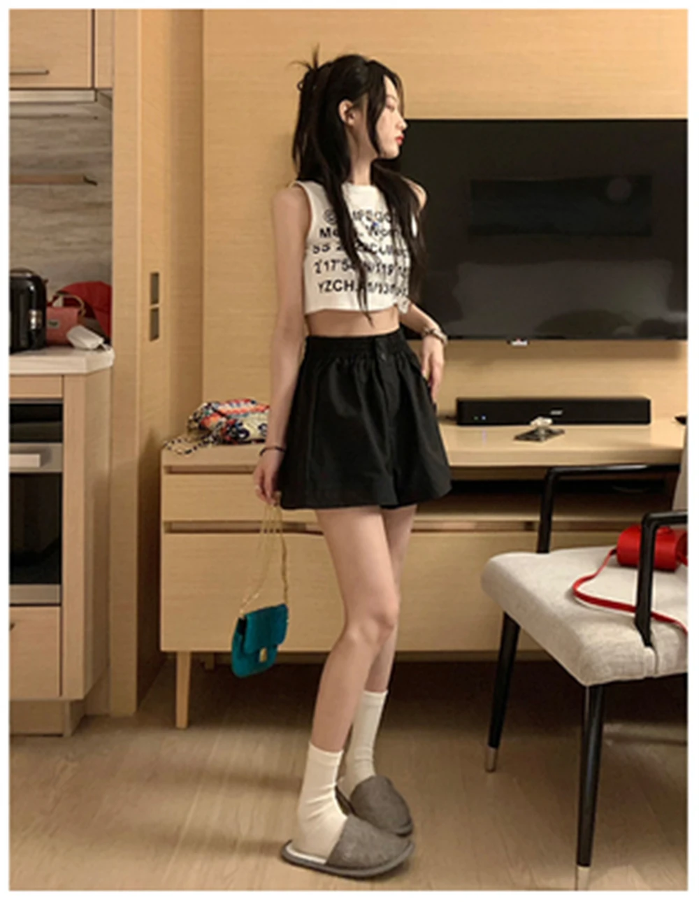2023 High Waist Slim Sports Casual Shorts Women's Summer Korean Loose Slim Wide Leg Capris