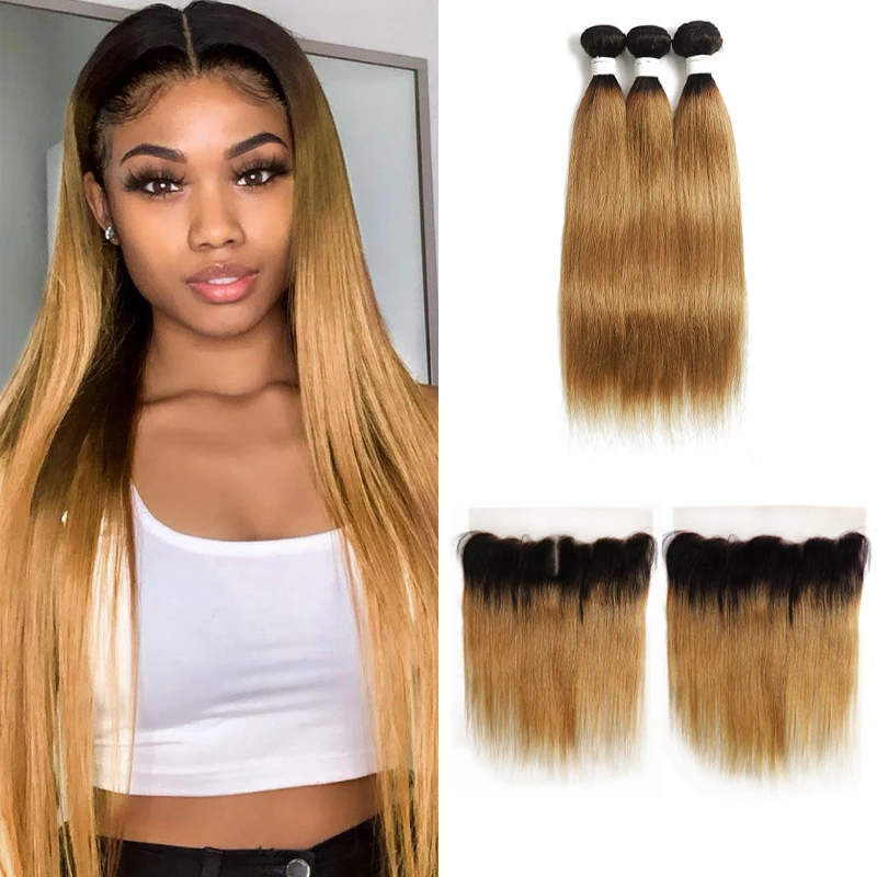 T1B/27 Brazilian Straight Human Hair Bundles With Frontal 13x4 SOKU 3PCS Ombre Blonde Hair Bundles With Closure Remy Hair