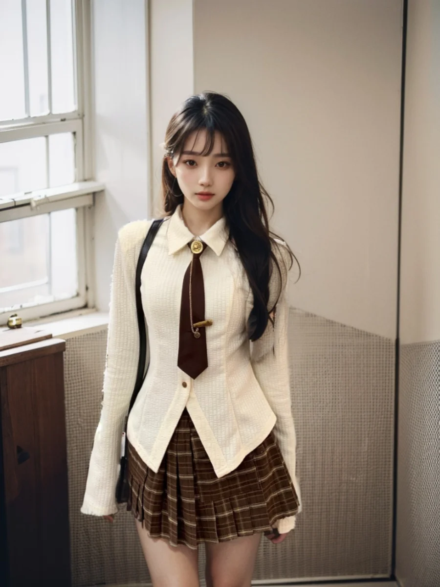Костюм Preppy Sle женская рубашка в тонкую полоску весенняя клетчатая плиссированная