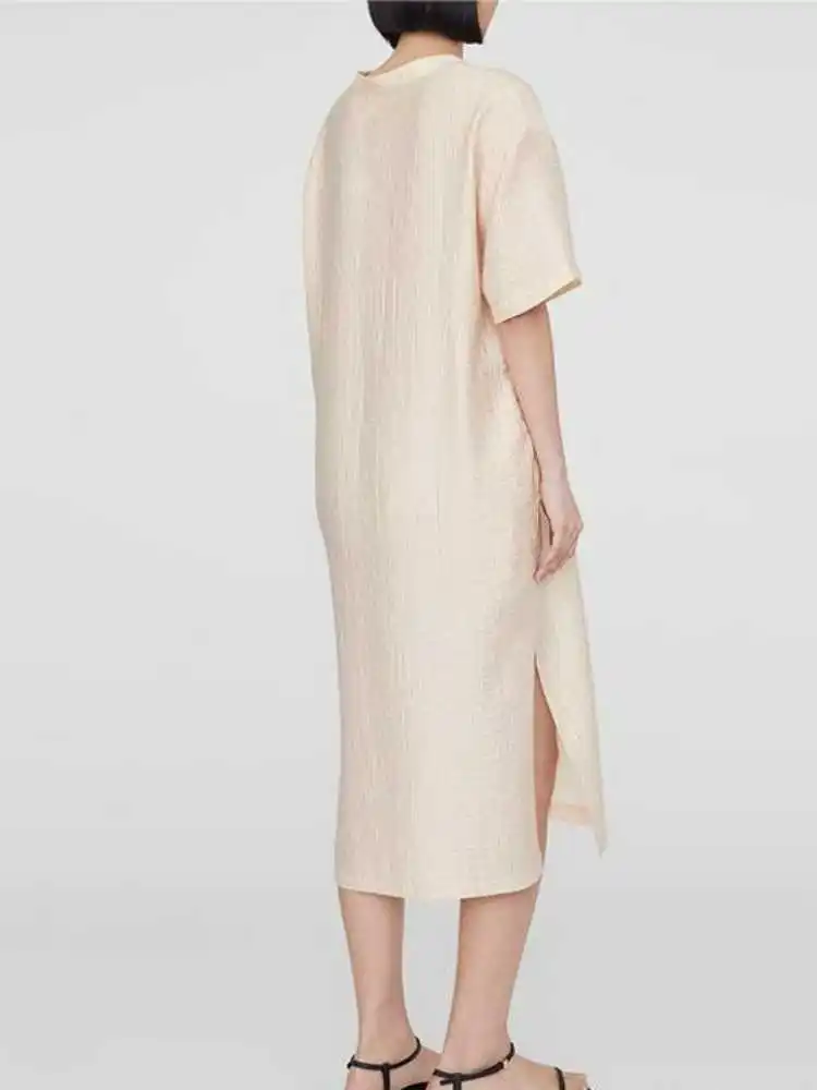 

Women Solid Color Dress 2023 Summer New Simple Champagne Color Double Side Slit Mid-length Dress