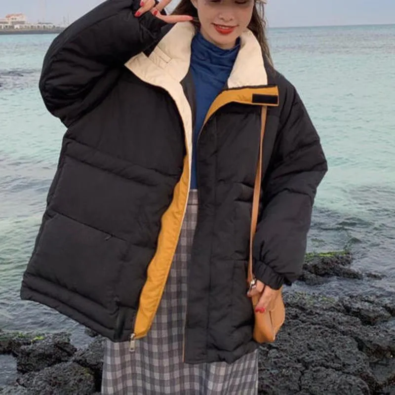Women Winter Fashion Bubble Coats Jackets Cotton Padded Bread Coat Fake Two Stand Collar Thickened Loose Black Warm Streetwear